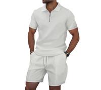 IRIRI Men's Waffle Knit Lounge Set 2-Piece | Zip-Front Polo Shirt & Drawstring Shorts | Resort To Office Summer Outfit (S-3XL)(White,3XL)
