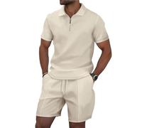 IRIRI Men's Waffle Knit Lounge Set 2-Piece | Zip-Front Polo Shirt & Drawstring Shorts | Resort To Office Summer Outfit (S-3XL)(Khaki,3XL)