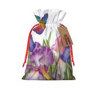 Iris Flower Butterfly Christmas Gift Bags with Tags & Ribbon Ties, Xmas Drawstring Candy Treat Bag Christmas Gifts Sacks Reusable Gift Wrapping Bags for Holiday Party Favors Medium