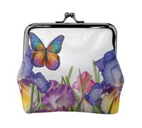 Iris Flower Butterfly Coin Purse for Women, Small PU Leather Change Purse with Kiss Lock, Vintage Coin Wallet Card Holder, Mini Coin Pocket Pouch Change Holder for Travel, Party