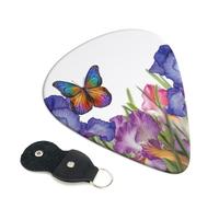 Iris Flower Butterfly Guitar Picks 6 Pcs, 0.71mm Thickness Celluloid Plectrum with Leather Picks Holder, Personalized Guitar Pick for Bass Electric Acoustic Guitars Lovers Gift