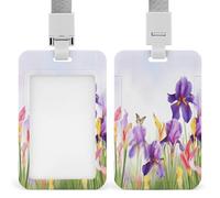 Iris Flower Butterfly ID Badge Holder Waterproof Card Protector Push-Pull Slot Work ID Card Holder with Lanyard Personalized Detachable Card Holders for Office Corporate Use
