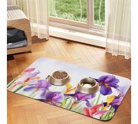 Iris Flower Butterfly Pet Feeding Mat Absorbent Pu Leather Dog Cat Food Mats Contain Spills Protects Floors, Anti-Slip Rubber Backing Dog Bowl Mats Easy Clean Pet Placemats 40x60cm
