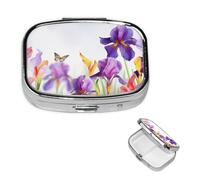 Iris Flower Butterfly Pill Box 2 Compartment Medicine Pill Organizer Square Pill Case for Purse & Pocket Travel Pillbox Portable Metal Medicine Vitamin Fish Oil Organizer Unique Gift