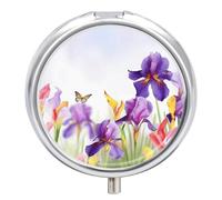 Iris Flower Butterfly Pill Box Small Round Pill Case Portable Travel Pill Container Multi-Functional Moisture Proof Metal Medicine Pill Organizer Box for Vitamins Fish Oil