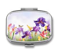 Iris Flower Butterfly Pill Organizer with 2 Compartments Metal Square Pill Case Small Pill Box Portable Medicine Box Slim Travel Pill Container Medicine Organizer for Daily Use