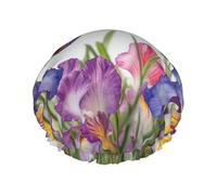Iris Flower Butterfly Shower Cap for Women Reusable Waterproof Shower Bonnet Washable Elastic Band Bath Hair Hat Double Layered Bath Cap Extra Large for Long Hair