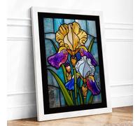 Iris in Stained Glass Botanical Framed Wall Art Print A2 (59.4×42cm) White, Wall Decor for Living Room, Bedroom, Office & Home, Ready to Hang, Art Gift