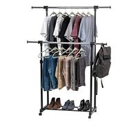 Iris Ohyama Adjustable and Extendable Double-Rod Clothes Garment Rack with Lockable Wheels, Black