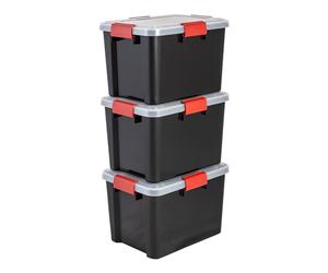 Iris Ohyama Airtight Plastic Storage Boxes with Lids, 20L, Set of 3, Black, Hermetic Waterproof Seal, Durable Latching Buckles, Stackable, For Outdoors, Garage, Clothes, Dust Proof, BPA Free, DDAT-SD