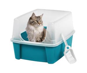Iris Ohyama Cat Litter Tray with Scoop, Blue, Easy to Clean, Cat Litter Box, Detachable Spill Preventing Walls, For Kittens, Adult Cats, Rabbits, BPA Free, Open Top, Modern, CLH-12