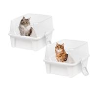 Iris Ohyama Cat Litter Tray with Scoop, Set of 2, White, Easy to Clean, Cat Litter Box, Detachable Spill Preventing Walls, For Kittens, Adult Cats, Rabbits, BPA Free, Open Top, Modern, CLH-12