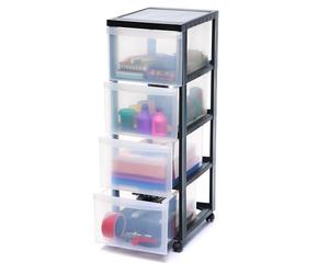 Iris Ohyama, Plastic Drawers Storage Unit, Plastic Storage Drawers, A4 Format & 4 Wheels, H81cm/4 Drawers, BPA Free, Black, W40 x D29 x H81cm, DC-304