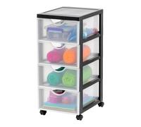 Iris Ohyama Plastic Storage Drawer Unit with Wheels, 4 Shallow Drawers, Black, Easy-Pull Handles, Supplies Organiser, For Bedroom, Bathroom, School & Office, BPA Free, Chest, Tower, DDDC-004