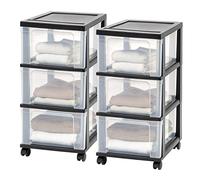 Iris Ohyama Plastic Storage, Rolling Cart with Organizer Top, Black, 3 Drawer Slim-2 Pack