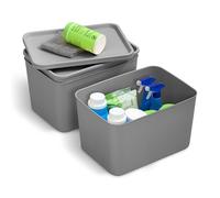 Iris Ohyama, Set of 3 Plastic Storage Boxes with Non-Snap Lid, Stackable, for Kitchen, Bathroom, Bedroom, Closet, Office, Solid & Durable Organization, SNL-MD, Grau