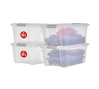 Iris Ohyama Storage Boxes With Lids, 15 L, Set Of 4, Silver, Secure Buckles, Stackable, Pull-Handles, For Bedroom, Closet