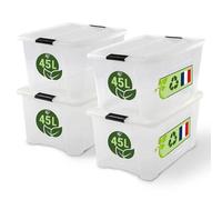 Iris Ohyama Storage Boxes With Lids, 45 L, Set Of 4, Clear, Secure Buckles, Stackable, Pull-Handles, For Bedroom, Closet, Office