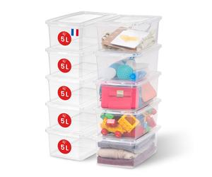 Iris Ohyama Versatile Storage Boxes, 5L, Set of 10, Clear, Easy Latch, Stackable, Transparent Plastic, For Closet, Shelves, Classroom, Organisation,