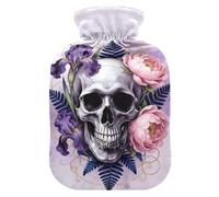 Iris Peony Skull Watercolor Gothic Hot Water Bottle with Soft Cover, 1L Warm Water Bottle for Bed for Neck Shoulder Warmer
