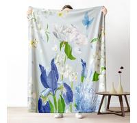 Iris Peony Soft Blankets Fall Throw Blanket, Butterfly Spring Flower Blankets Full Size 90x90 Inch Cozy, Nature Botanical Floral Fleece Blanket Warm for Bed Couch Camping Picnic Travel