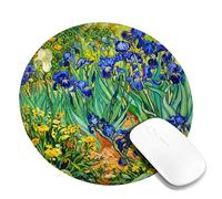 Iris Small Mouse Pad, Impressionism Floral Yellow Flowers Green Leaves Spring Blue Round Rubber Non Slip Stitched Edge Cloth Mousepad Idea for Home Office Desk Laptop Gamers Gift Round 8x8 Inch
