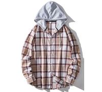 Iris Sprite Men Hooded Plaid Shirts Button Splice Sweatshirt Long Sleeve Lattice Tops (Khaki-A116, XX-Large)