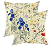 Iris Throw Pillow Covers Set of 2, Floral Botanical Hummingbird Daffodil Spring Blue with Hidden Zipper Cushion Covers Pillow for Home Bedroom Living Room Sofa Couch Decor 16x16 Inch