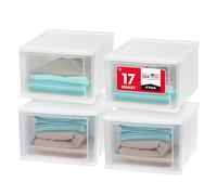 IRIS USA 17 Qt. Plastic Stackable Storage Drawers, Medium, 4 Pack, Multi-Purpose Bins for Bedroom, Bathroom, Closet, Dorm, Craft Room, Garage, Nursery, Office, Under Sink, White