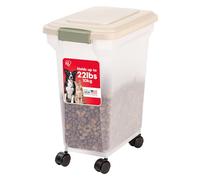 IRIS USA 22 Lbs / 28 Qt WeatherPro Airtight Pet Food Storage Container with Attachable Casters, For Dog Cat Bird and Other Pet Food Storage Bin, Keep Pests Out, Translucent Body, Almond/Clear