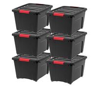 IRIS USA 32 Qt Stackable Plastic Storage Bins with Lids, 6 Pack - BPA-Free, Made in USA - Garage Organizing Solution, Latches, Durable Nestable Containers, Secure Pull Handle - Black