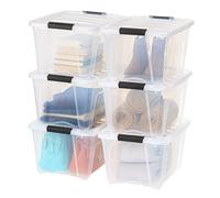 IRIS USA 32 Qt Stackable Plastic Storage Bins with Lids, 6 Pack - BPA-Free, Made in USA - See-Through Organizing Solution, Latches, Durable Nestable Containers, Secure Pull Handle - Clear