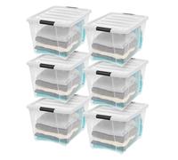 IRIS USA 54 Qt Stackable Plastic Storage Bins with Lids, 6 Pack - BPA-Free, Made in USA - See-Through Organizing Solution, Latches, Durable Nestable Containers, Secure Pull Handle - Clear/White