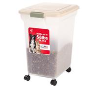IRIS USA 55 Lbs / 67 Qt WeatherPro Airtight Pet Food Storage Container with Attachable Casters, For Dog Cat Bird and Other Pet Food Storage Bin, Keep Pests Out, Translucent Body, Almond/Clear