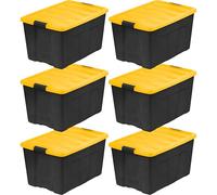 IRIS USA 72 Qt Stackable Plastic Storage Bins with Lids, 6 Pack - BPA-Free, Made in USA - Garage Organizing Solution, Latches, Durable Nestable Containers, Secure Pull Handle - Black/Yellow