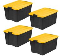 IRIS USA 94 Qt Stackable Plastic Storage Bins with Lids, 4 Pack - BPA-Free, Made in USA - Garage Organizing Solution, Latches, Durable Nestable Containers, Secure Pull Handle - Black/Yellow