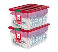 IRIS USA 94 Quart Stackable Holiday Plastic Storage Bins with Lids and Latching Buckles, 2 Pack, Containers with Lids and Latches, Durable Nestable Closet, Garage, Totes, Boxes Organizing - Clear/Red
