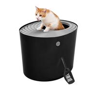 IRIS USA Cat Litter Box, Top Entry Litter Box with Scoop, Stylish Round Cat Litter Box Enclosure, Kitty Litter Box, Black/Gray