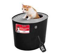 IRIS USA Cat Litter Box, Top Entry Litter Box with Scoop, Stylish Round Cat Litter Box Enclosure, Kitty Litter Box, Black/Gray