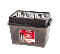 IRIS USA Elevated Dog Bowls, 15"H Raised Bowl for Large Dogs, Airtight Pet Food Storage Holds Up To 47 Lbs, 2 Removable 64 oz Stainless Steel Bowls, At Home or Camping, Smoke/Black