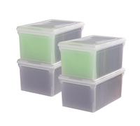 IRIS USA File Box, File Organizer w/Hinged Split Lid for Letter File, Important Document Box, Plastic Storage Filing Bin for Moving, Stackable Nestable Portable, Pearl 44 Qt. 4 Pack