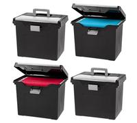 IRIS USA File Box with Lid File Organizer for Letter File w/Organizer-Lid, Water Resistant Document Box, Plastic Mobile Filing Organizer, Secure Buckle, Portable Handle, Lockable, Black 4 Pack