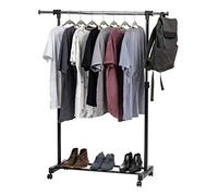 IRIS USA, Inc. Adjustable and Extendable Single-Rod Clothes Garment Rack with Lockable Wheels, Black