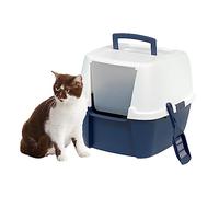 IRIS USA Jumbo Enclosed Cat Litter Box with Front Door Flap and Scoop, Hooded Kitty Litter Tray with Easy Access Lift Top Handle and Buckles for Portability and Privacy, Navy/White