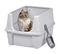 IRIS USA Large Cat Litter Box with Scatter Shield and Scoop, Open Top High Sided Cat Litter Pan, Silver