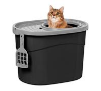 IRIS USA Large Simple Round Top Entry Cat Litter Box with Scoop, Curved Kitty Litter Pan with Litter Particle Catching Cover and Privacy Walls, Black/Gray