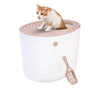 IRIS USA Large Stylish Round Top Entry Cat Litter Box with Scoop, Curved Kitty Litter Pan with Litter Particle Catching Grooved Cover and Privacy Walls, White/Beige,L (Pack of 1)