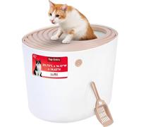IRIS USA Large Stylish Round Top Entry Cat Litter Box with Scoop, Curved Kitty Litter Pan with Litter Particle Catching Grooved Cover and Privacy Walls, White/Beige,L (Pack of 1)