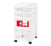 IRIS USA Plastic Drawer Storage Organizer Rolling Cart, with Wheels Casters, 4-Drawers, for Classroom Art Craft Supplies Dresser Closet Bathroom Laundry Room, White/Clear