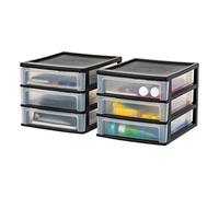 IRIS USA Plastic Stacking Desk Top 3-Drawer Storage Organizer, 2-Pack, for Makep Vanity Nail Polish Bathroom Stationery Art Craft Supplies Kitchen Office Garage and Small Organization, Medium, Black